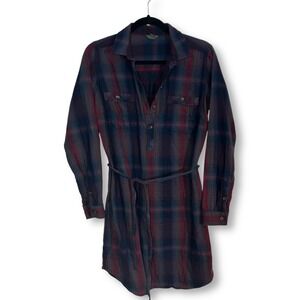 Eddie Bauer Womens Flannel Shirt Dress Belted Plaid Long Sleeve Blue Red Size 10